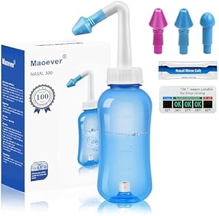 Neti Pot Sinus Rinse Bottle Nose Wash Cleaner Pressure Rinse Nasal Irrigation for Adult & Kid BPA Free 300 ML with 100 Nasal Wash Salt Packets and Sticker Thermometer (Light Blue)