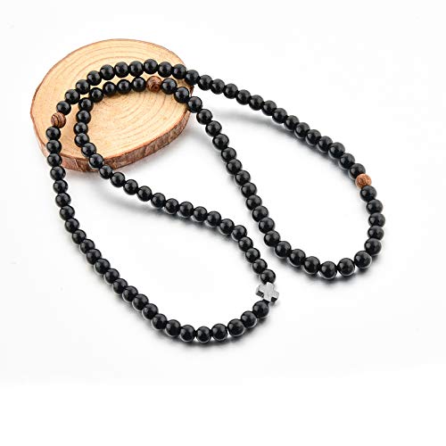 Christian Prayer Beads Rope Bracelet – 100 Black Glass Beads + 3 Wooden Beads + Hematite Cross – Women Men – 6 MM Black Glass 100 Bead2