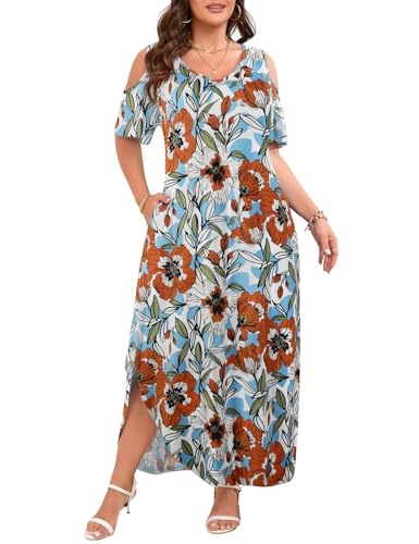 Image of JollieLovin Womens Plus Size Casual Summer Maxi Long Dress Cold Shoulder V Neck Beach Sundresses