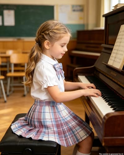 Image of Betusline Girls Skirt Set JK School Uniform 2-Piece Outfit - Short Sleeve Shirt with Bow & Pleated Skirt 4T-14Y