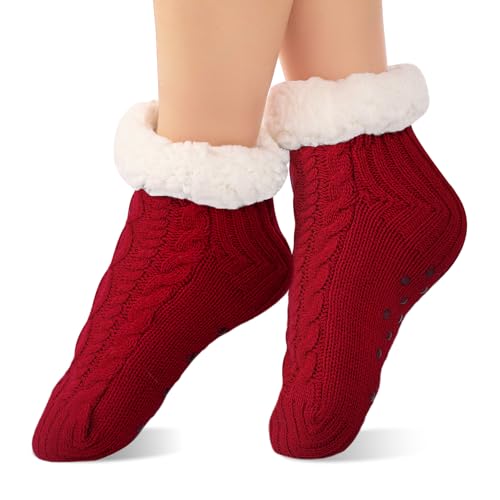 SockWaddles Slipper Socks Women Men, Thick Warm Non Slip Fluffy Socks with Grippers, Soft Fleece Lining Knitted Thermal Slippers, Suitable for Winter Indoor Home House Floor Bed Red