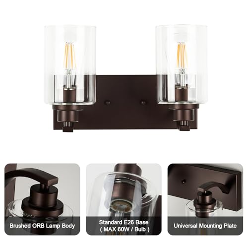 Image of 2-Light Bathroom Light Fixtures Modern ORB Vanity Lights | Easy to Install Clear Glass Shades, Wall Mount Up or Down, E26 Socket, Hardwired, 120V