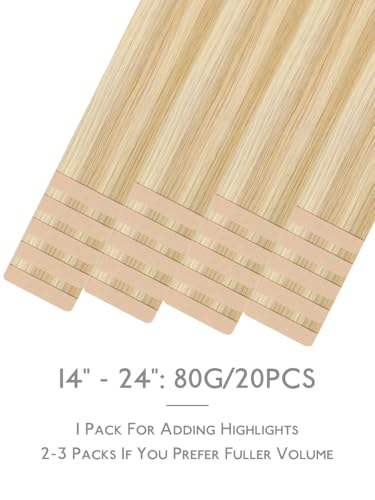 Image of WENNALIFE Fuller Tape in Hair Extensions Human Hair, 22 inch 20pcs 80g Light Blonde Highlighted Golden Blonde Remy Hair Straight Tape in Extensions Skin Weft Tape Ins Extensiones De Cabello Humano