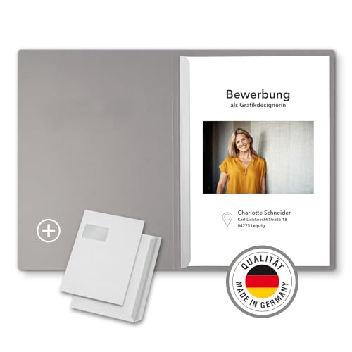 3 Stück 2-teilige Bewerbungsmappen Grau mit 1 Klemmschiene in feinster Lederstruktur - inkl. 3 Versandumschläge im C4-Format mit Fenster