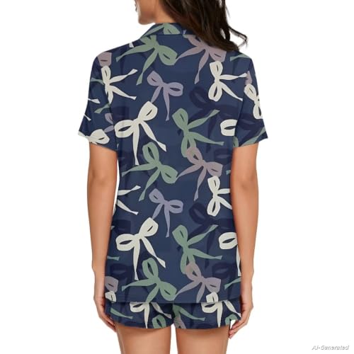 Image of Renewold Button Down Womens Pajama Set Short Sleeve Loungewear Bow Nightwear Sleepwear Night Suit Tops Shorts 2 Pieces