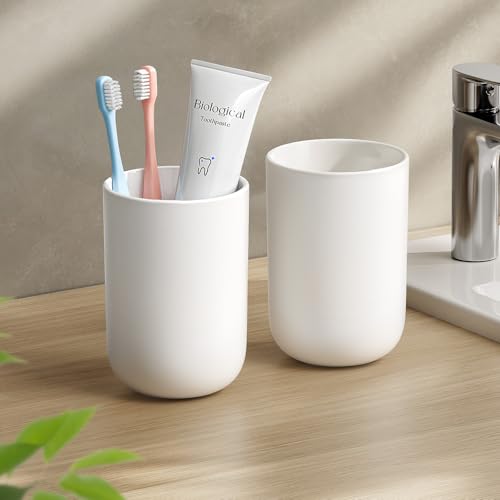 MOPMS Toothbrush Cup 13oz 380ml, Unbreakable Reusable Bathroom Tumbler 2Pcs, Non-Slip Plastic Bathroom Cup Toothbrush Holders for Bathroom White