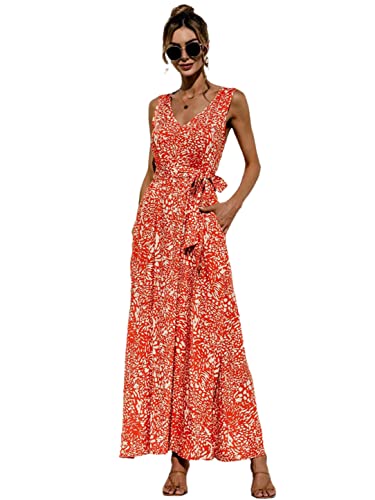 Robe longue d'été bohème fleurie sans manches col en V pour femme L