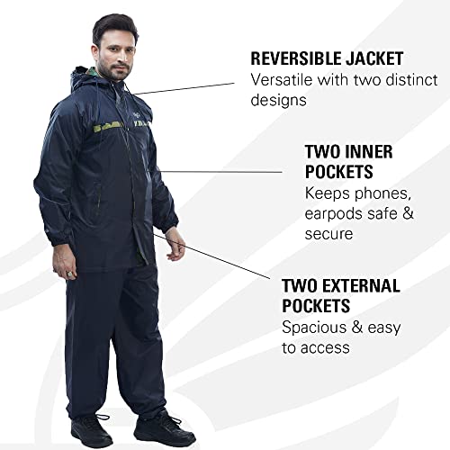 Image of Reliable Rainwear H2O Rambo Suit | Reversible Raincoat For Men Waterproof | Reversible Rain Jacket For Bike Rides | High Neck Collar & Attached Hood