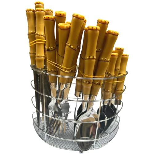 Conjunto Talheres Faqueiro Estilo Bambu 24 Pç + Suporte Inox
