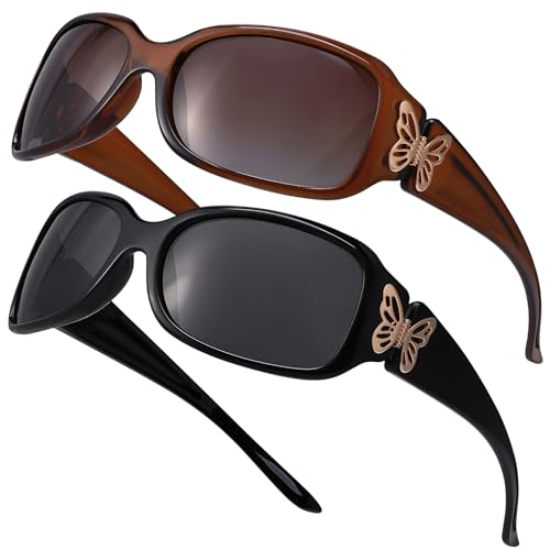 2 Pack Polarized Sunglasses for Women Wraparound Butterfly Design Oversized Frame UV400 Protection