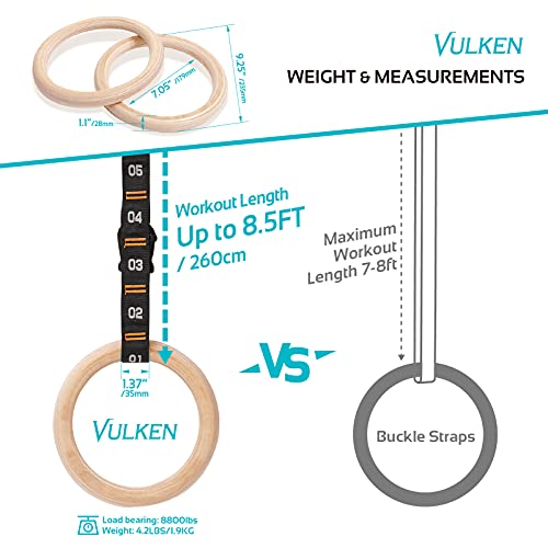 image for Vulken Wooden Gymnastic Rings with Adjustable Numbered Straps. 1.1'' O