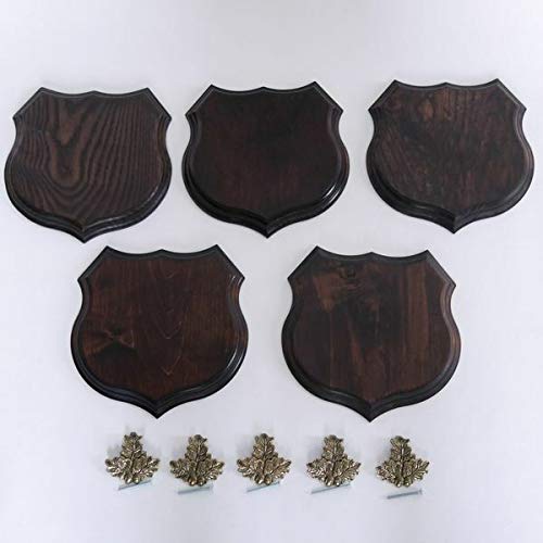 GTK - Geweihe & Trophäen KRUMHOLZ 5 carteles con escudo de jabalí en forma de escudo AF 19 cm, con hoja de roble, portada maciza + pequeña