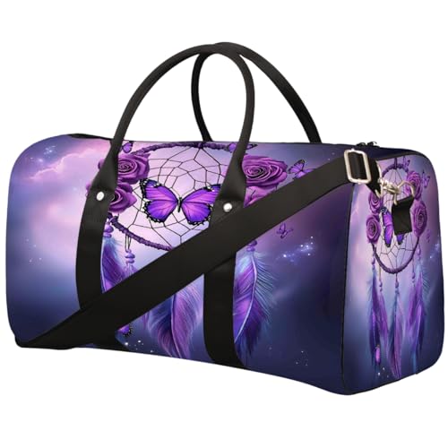 Purple Butterfly Rose Dream Catcher Travel Duffel Bag Sports Tote Gym Bag Waterproof Tear-Resistant Carry On Overnight Bag Foldable Weekender Bag for Gym Travel Getaway Beach Sports