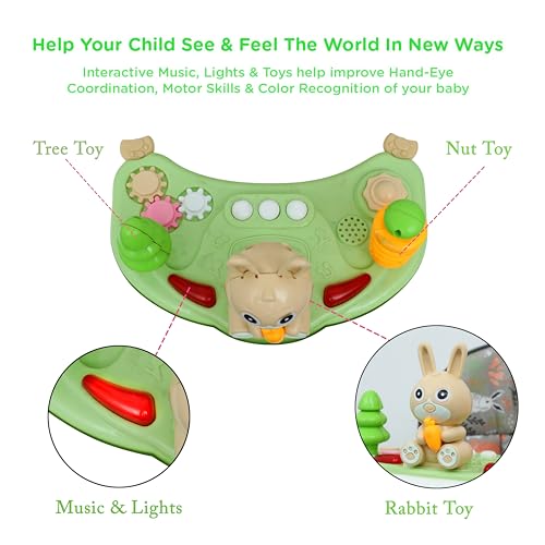 Image of Baby Activity Walker with Push Handle & Toy Tray | Adjustable Height, 360 Wheels, Cushioned Seat | Baby Walker for 6-18 Months (Rabbit Green)