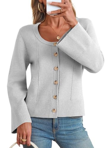 Image of Saodimallsu Womens Bell Sleeve Cardigan Sweaters Button Down Long Sleeve Fall Trendy Sweaters 2025 U Neck Knit Outwear