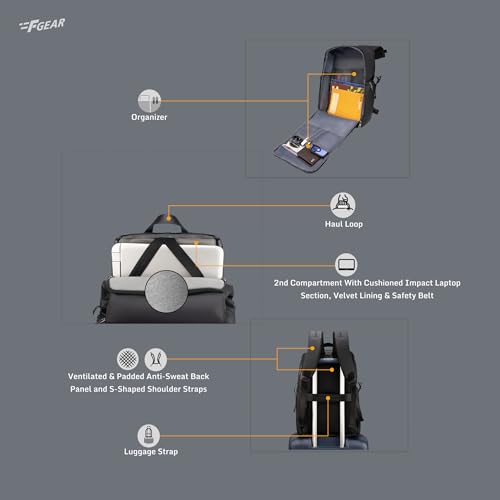 Image of F Gear Saber Premium Black Laptop Backpack| 23L Water-Resistant Office & College Bag | 2 compartments 5 Pockets| USB & Type C Port, Luggage Strap, Fits 17 Inch Laptop |Men & Women
