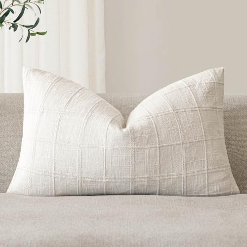 Image of Foindtower Set of 1 Decorative Linen Check Throw Pillow Cover Neutral Farmhouse Lumbar Cushion Cover Modern Boho Home Decor for Sofa Chair Couch Bedroom Living Room Outdoor,12x20 Inch,Cream White