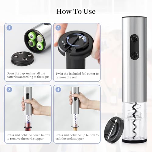 VinoLux Series Battery Electric Wine Opener – Electric Corkscrew, Foil Cutter, LED Lights, Transparent Window & Brushed Stainless Steel Shell, 4 AA Batteries Required – Silver - Image 5