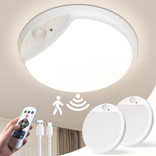 Hokone Plafon LED Techo con Sensor de Movimiento,Lampara Techo Baño Recargable,Luz LED Techo sin Cables con Batería para Pasillo,Porche,Armario,Garaje,Escalera,3 Temperaturas de Color, Control Remoto