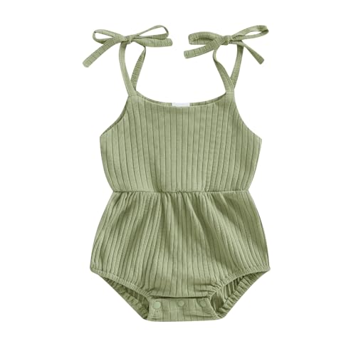 Image of Ursobutegl Newborn Infant Baby Girl Romper Ribbed Knit Sleeveless Spaghetti Strap One Piece Jumpsuit Bodysuit Summer Clothes