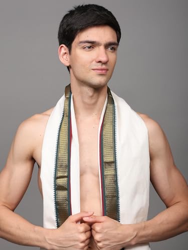 Men's Cotton Dhoti and Angavastram with Zari Woven Border | Elegant Border Design Dhoti Gamcha Set for Wedding Pooja Festive Wear4