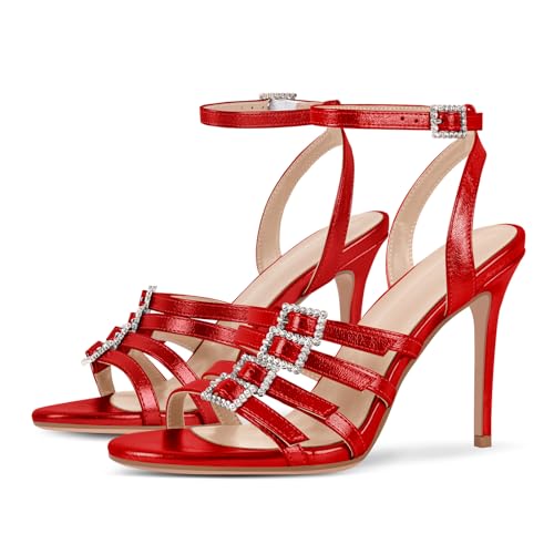 richealnini Glitter Buckle Heel for Women Ankle Strap Stiletto High Heels Colorful Fashion Sandals