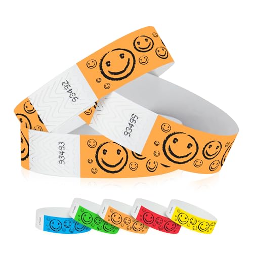 Image of 500 WristCo Neon Orange Smiley Face Tyvek Wristbands for Events
