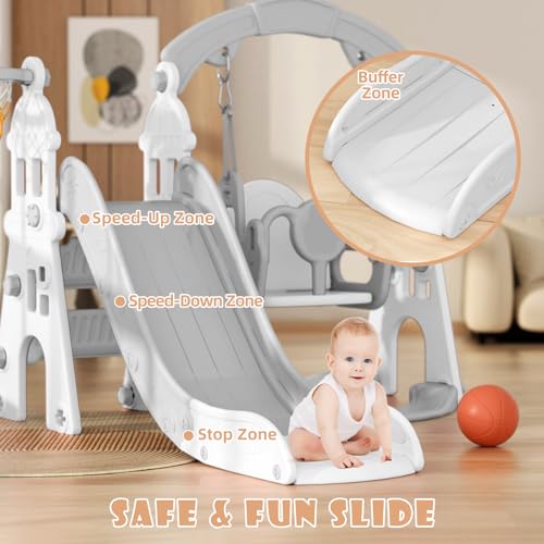 XJD 4-in-1 Toddler Slide and Swing Set, Kids Slide for Toddlers Age 1+, Toddler Outdoor Playset with Basketball Hoop, Swing, Outdoor Indoor Playground for Toddlers 1-3 (Gley, Medium)