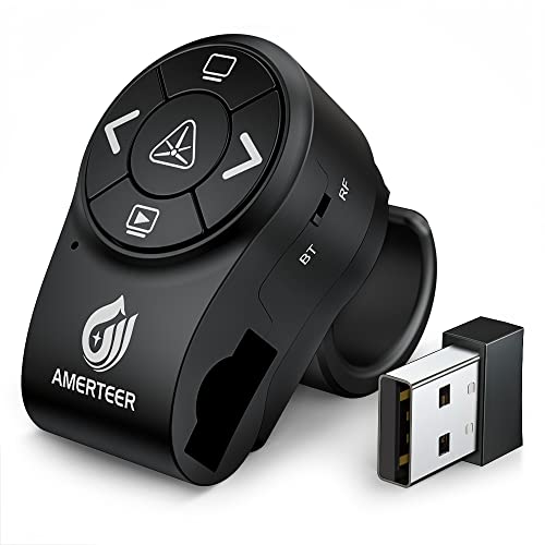 AMERTEER Bluetooth Wireless Presentation clicker for PowerPoint presentations, RF 2.4GHz Finger Ring Remote, PPT Slides Rechargeable