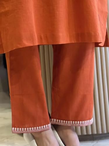 Image of Womens Cotton Slub 3 /4 Sleeves V Neck Co-Ord Set Featuring Floral Print Design On The Hem of The Sleeves and On The Pockets 2 Piece Ethnic Wear