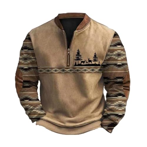 Aztec Jacket Men Quarter Zip Cowboy Country Textured Quilted Sweatshirts Oversized Crewneck Long Sleeve Half Zip Jackets Soft Streetwear Color Block Aztec Half Jacket Fashion Spring Clothes