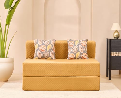 Image of uberlyfe Xtra High, Xtra Soft 2 Seater (4' x 6') Sofa Cum Bed| 1 Year Warranty |17 inch Sofa Height |Twin Size Foldable Bed |Plush Laser Quilted Fabric |2 Cushions Fall Leaf Pattern | Molten Caramel Color