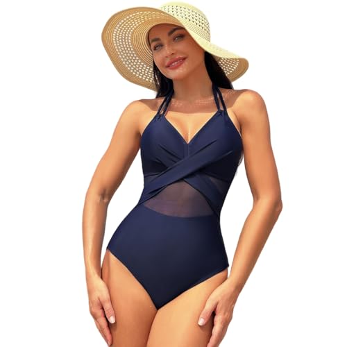 2024 Nuevo bañador para Mujer Traje de baño de una Pieza con Chiffon Medio Transparente Bordado en el Medio Bikini para veraneo (FR/ES, Letras, L, Regular, Regular, Azul Marino)