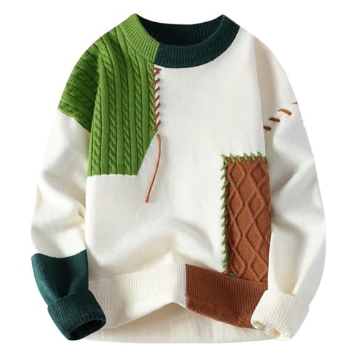 Men's Sweater Spring Winter Color Blocked Round Neck Pullover Casual Loose Fit Knit Top for Men