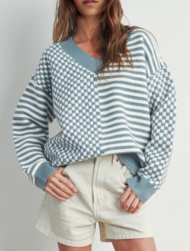Image of UNCLECAT Womens Striped Checkered Sweater V Neck Fall Trendy Pullover Tops