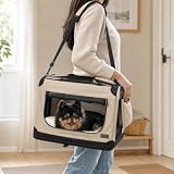 lionto Składany transporter dla psa do podróży i samochodu, 50x34x36 cm, wytrzymały transporter z uchwytami i kocem dla kota i psa do 10 kg, mocna torba z tkaniny, beżowy