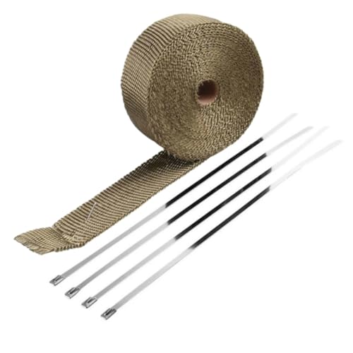 cyclingcolors Hitzeschutzband 25mm x 10M glasfaser Auspuffband mit Kabelbinder für Fächerkrümmer Thermoband Krümmerband auto motorrad moped, goldenes titan