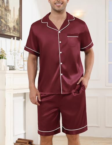 Image of Veseacky Mens Silk Satin Pajamas Set Short Sleeve Sleepwear Button-Down Pjs Sets Two-Pieces Loungewear with Pockets S-XXL
