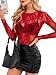 OFEEFAN Sheer Tops for Women Embroidered Mesh Lace Blouses Crewneck Outifts for Women Red L