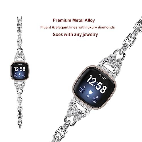 Gimuk Straps Compatible with Fitbit Versa 4/Sense 2 Strap for Women Metal Stainless Steel Wristband Adjustable Bling Diamond Replacement Strap Band Bracelet for Fitbit Versa 3/Sense (Silver) - Image 3
