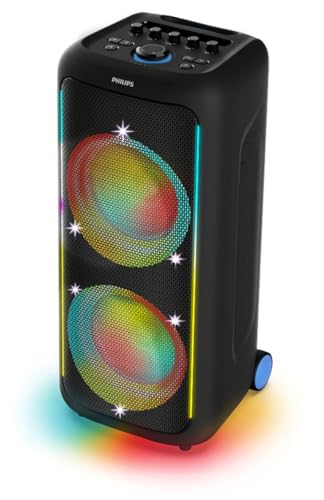 Philips TAX5000E Bluetooth-Party-Lautsprecher, 200 W Leistung, Bass+, Lichtshow, 14 Std. Akku, TWS, Auracast, Mikro-/Gitarren-Eingänge, IPX4-Spritzwasserschutz, USB, AUX, App-Steuerung, Räder, Griff