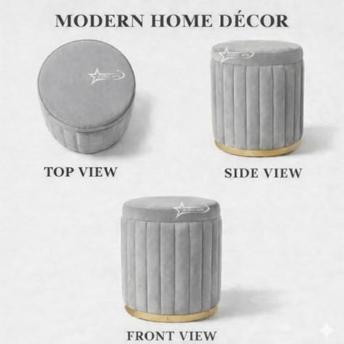 Image of Round Strip Stool with Cushion Foot Rest Office Stool Pouf Ottoman Padded Seat in Living Room - Grey