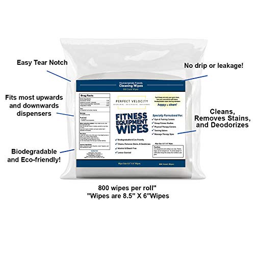 Perfect Velocity Fitness Gym Equipment Wipes - 4 Rolls of 800 Natural and Biodegradable Cleaning Refill Wet Wipes - for Upwards and Downwards Dispensers
