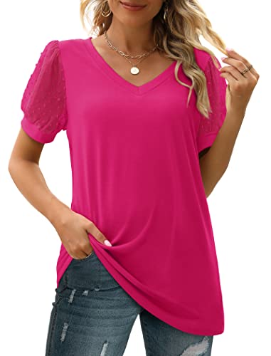 Image of Aokosor Womens Summer Tops V Neck T Shirts Swiss Dot Puff Sleeve Tops Loose Casual Tshirts
