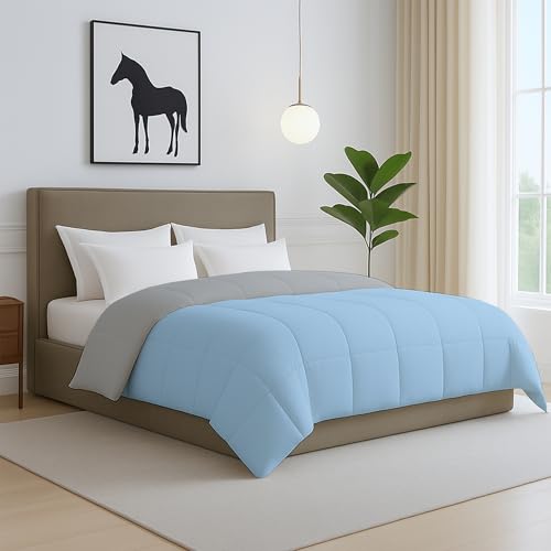 Image of Bed Comforter - Double Size - Light Blue & Light Grey - 300 GSM Quilt Blanket Rajai - Winter Warm Down Alternative Duvet Insert with Corner Ties