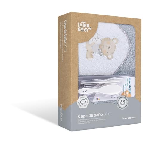 Interbaby Cape du Bain 400 GSM Coton Terry + Brosse/Peigne Modèle Love You Gris 100 x 100 cm