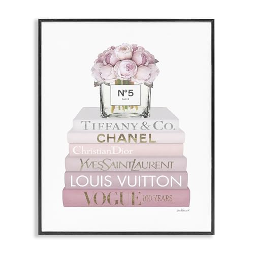 Image of Stupell Industries 'Pink Rose Bouquet Bookstack', Framed Giclee Art, Black, 11 x 14 Inches, Easy to Hang and Sturdy, Made in USA, by Amanda Greenwood