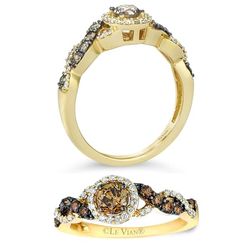 LE VIAN 3/4 Carat Diamond Halo Crossover Band Ring for Women in 14k Yellow Gold (G-H/Fancy Brown Color, VS2-SI1, cttw) Engagement Promise Ring Size 7 by LeVian