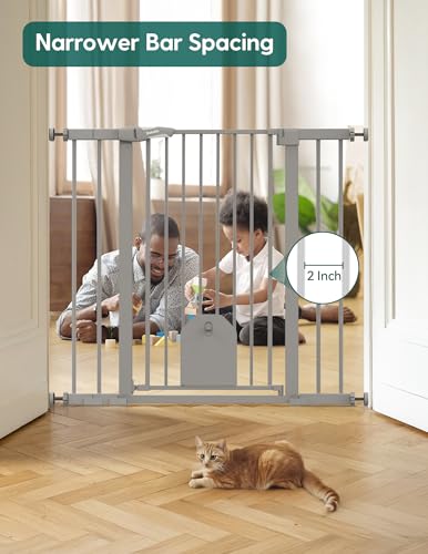 Image of Babelio 36 inch Tall Baby Gate with Adjustable Cat Door, CatPrivilege I, 29-43 inch | Auto Close, Safety Gate for Stairs, Easy Walk Thru with Pet Door, Includes 4 Wall Cups and 3 Extension Pieces, Gray