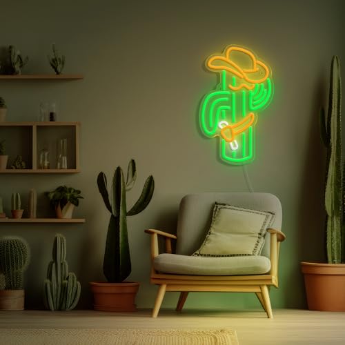 Image of VIKLIU Cactus Neon Sign Cowboy Hat Cactus Neon Signs Dimmable Led Neon Signs for Wall Decor,Bedroom,Game Room,Living Room,Man Cave Kids Room Home Bar Party Shop Gift, Green,Yellow,White